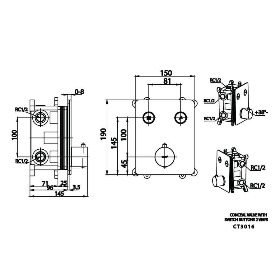 Van điều chỉnh âm tường COTTO CT3016 nhiệt độ nóng lạnh kèm van chuyển hướng 2 đường nước Switch