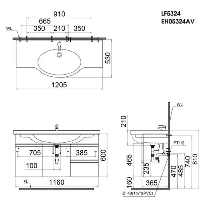 Tủ chậu cabinet treo Caesar LF5324+EH05324AV 120cm