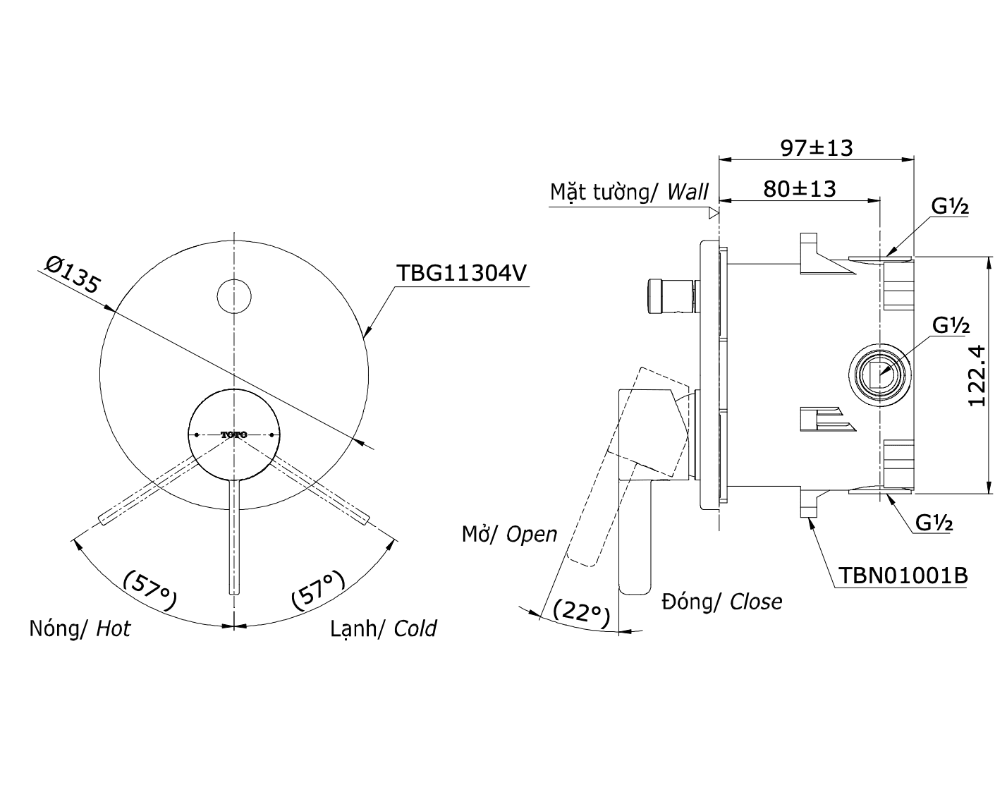 Van gật gù điều chỉnh nóng lạnh kèm nút chuyển hướng TOTO TBG11304VA