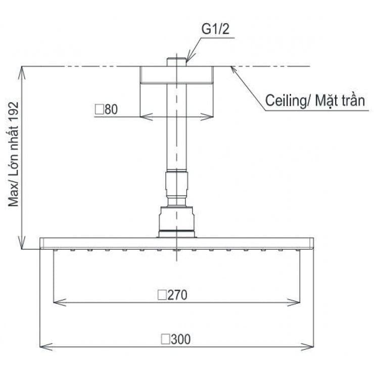 Bát sen tắm gắn trần TOTO TBW08003A1 (vuông, 300 mm)