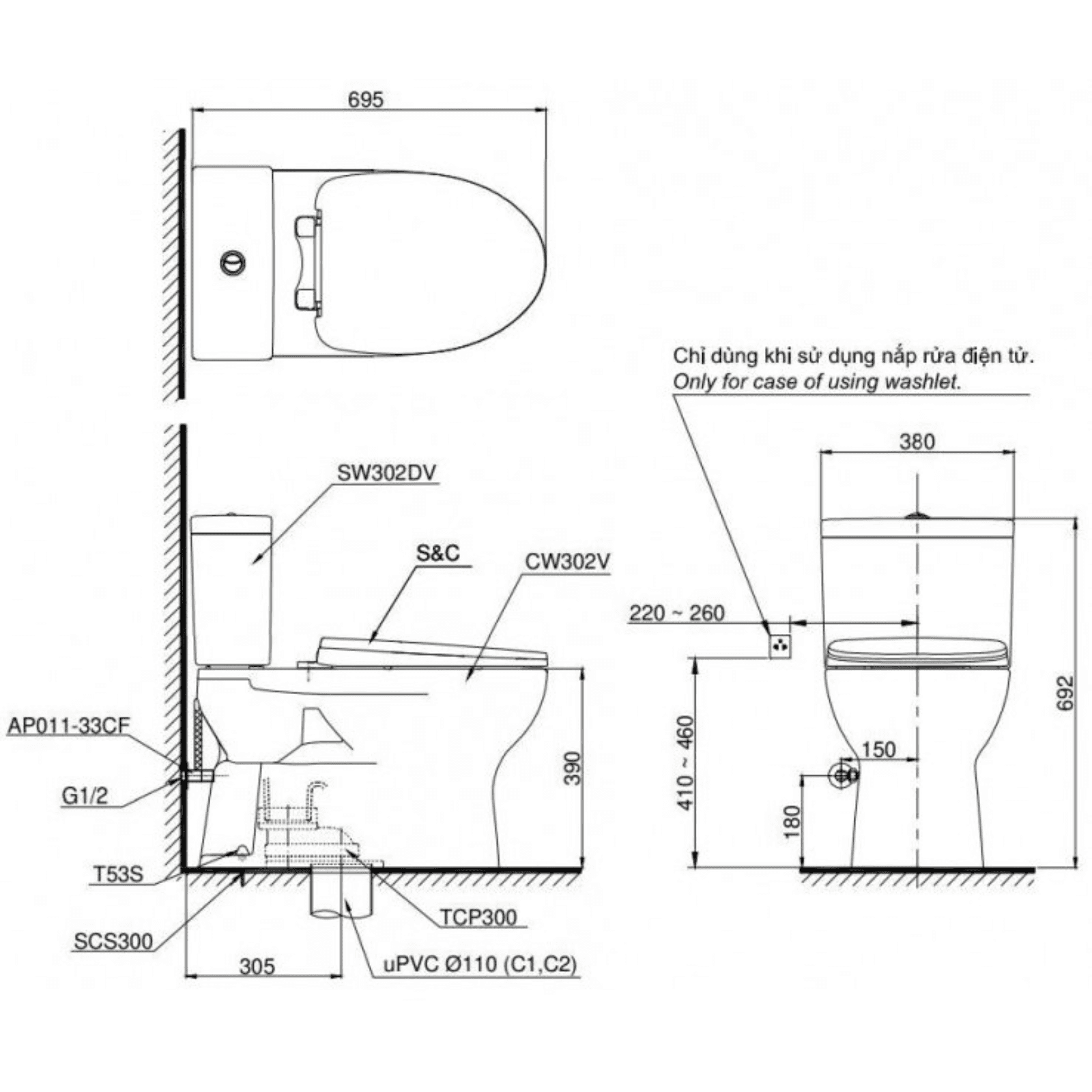 Bồn cầu 2 khối  TOTO CS302DW18#W