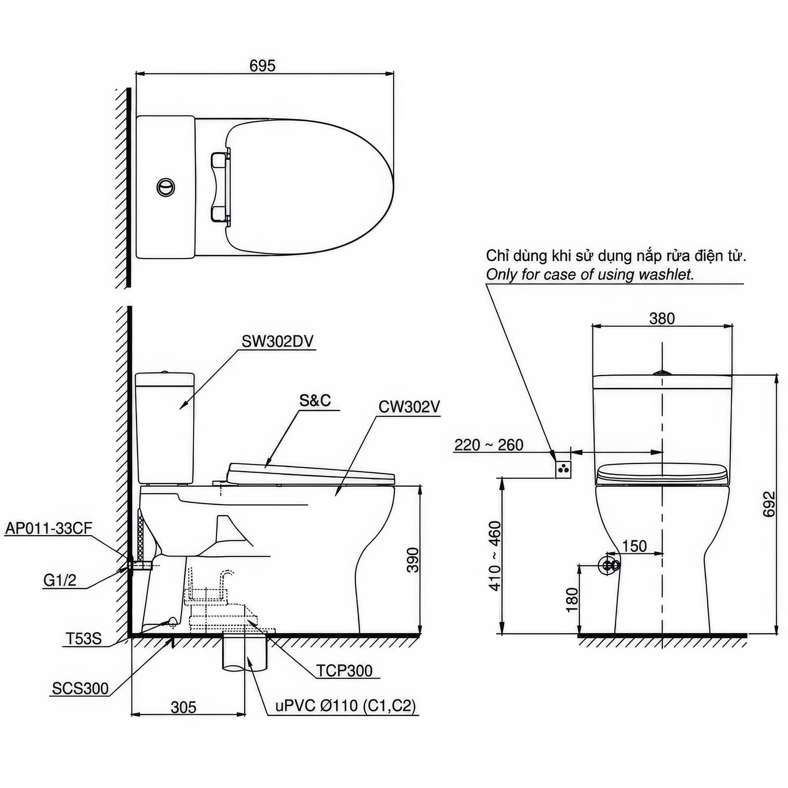 Bồn cầu 2 khối  TOTO CS302DW18#W