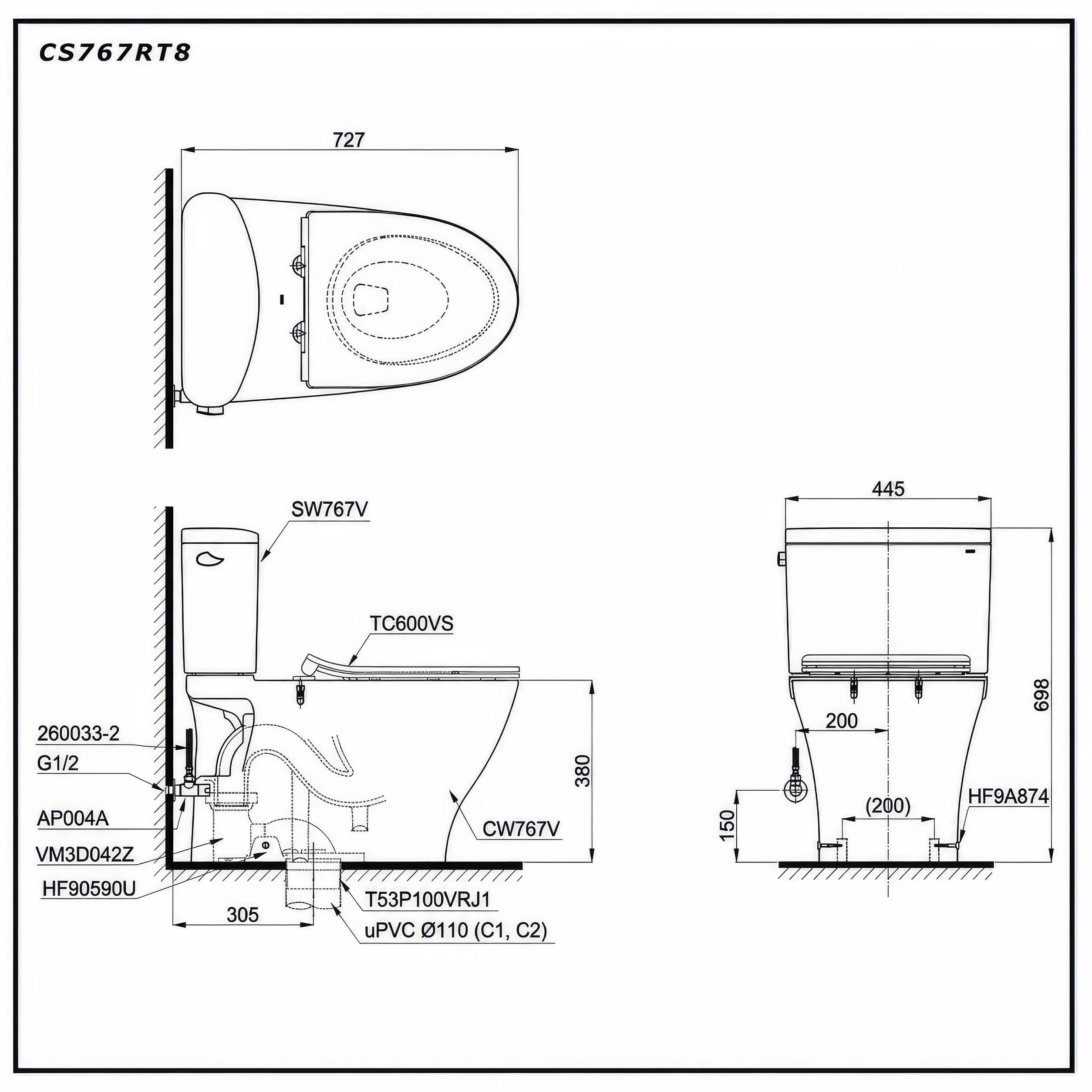 Bồn cầu 2 khối  TOTO CS767RT8#XW
